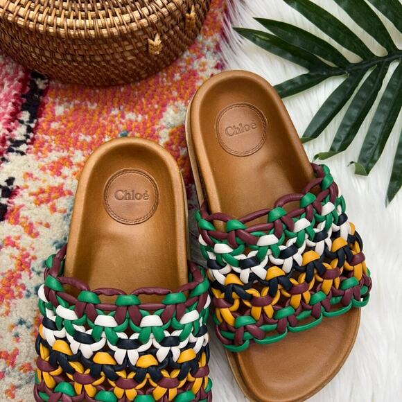 $850 Chloe Colorful Slip On Platform Wavy Woven Leather Slides Sandal 35 / 5 - Picture 3 of 8